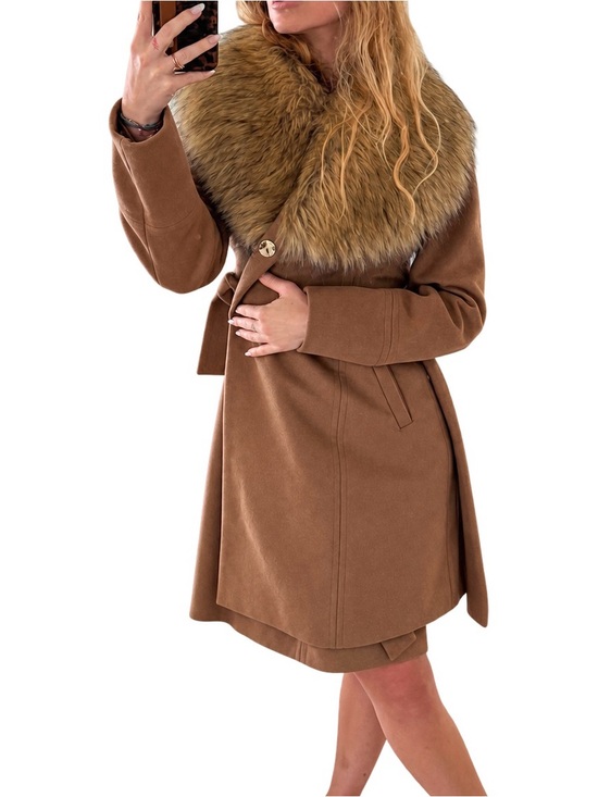 Karl Lagerfeld Jackets & Blazers - RARE!! Karl Lagerfeld Brown Wool Trench Coat with Faux Fur Collar